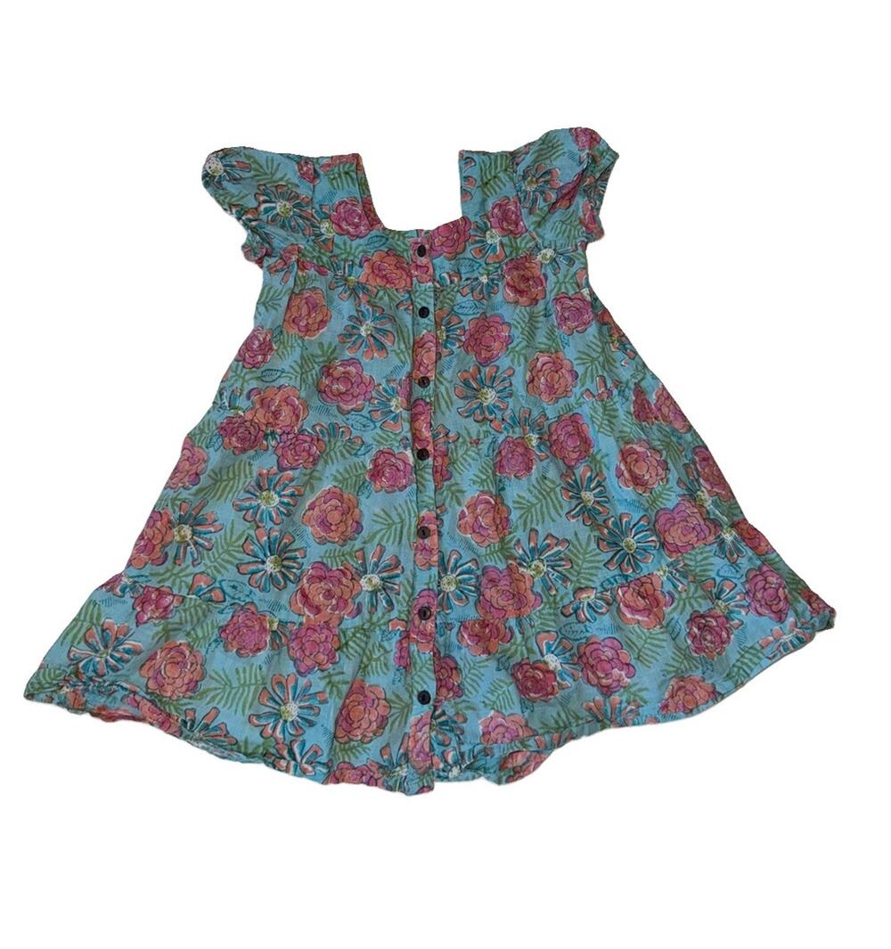 Fabindia Girls Teal Cotton Printed Dress 3-4 years